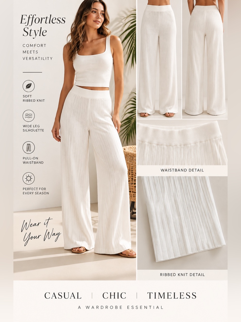 Love Tree Ribbed Wide-Leg Pull-On Pants — White Large